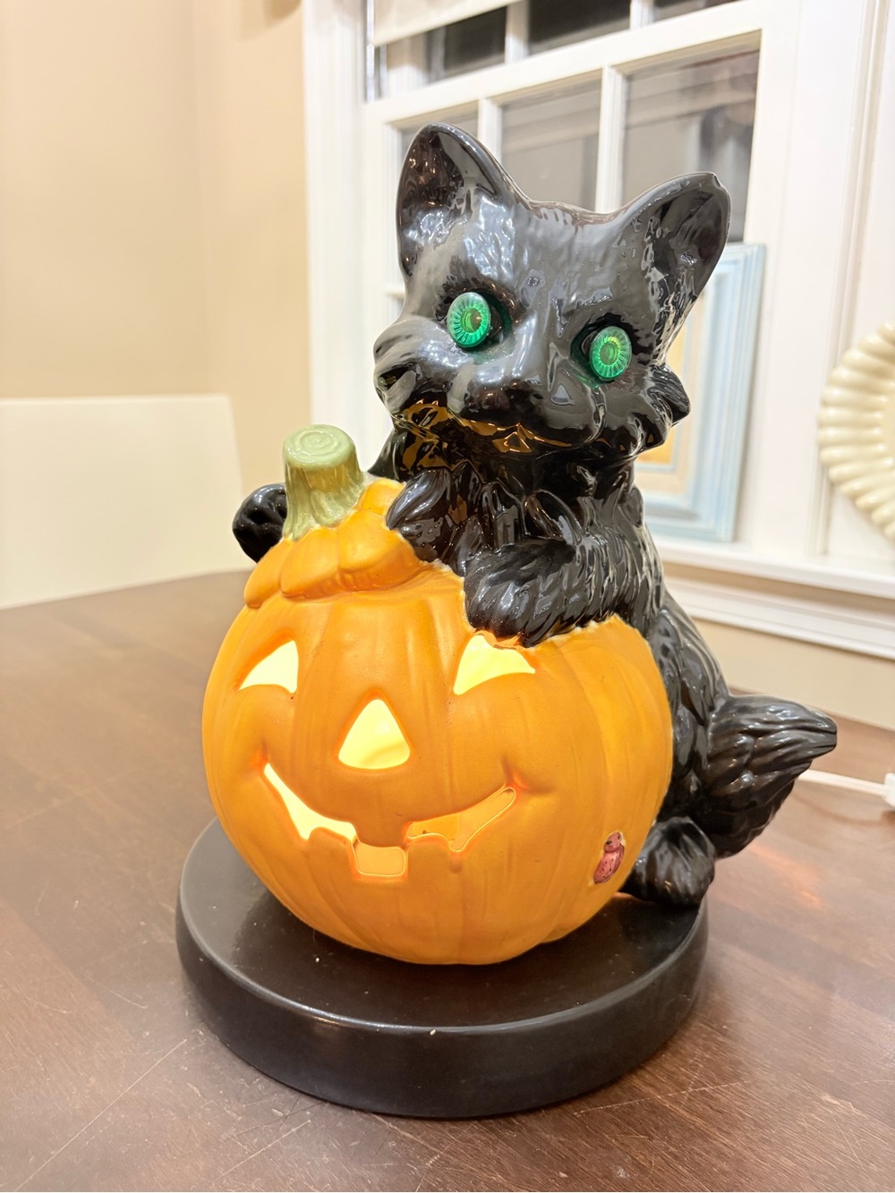 Vintage light up Black Cat with Orange Pumpkin Ceramic